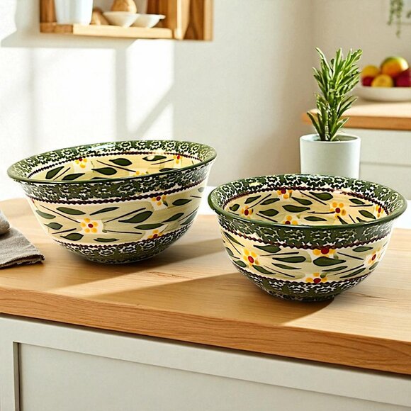 Temptations Ovenware Bowls Tara Old World Green Set 2 Mixing Serving 6" 7 3/4" - Picture 1 of 8
